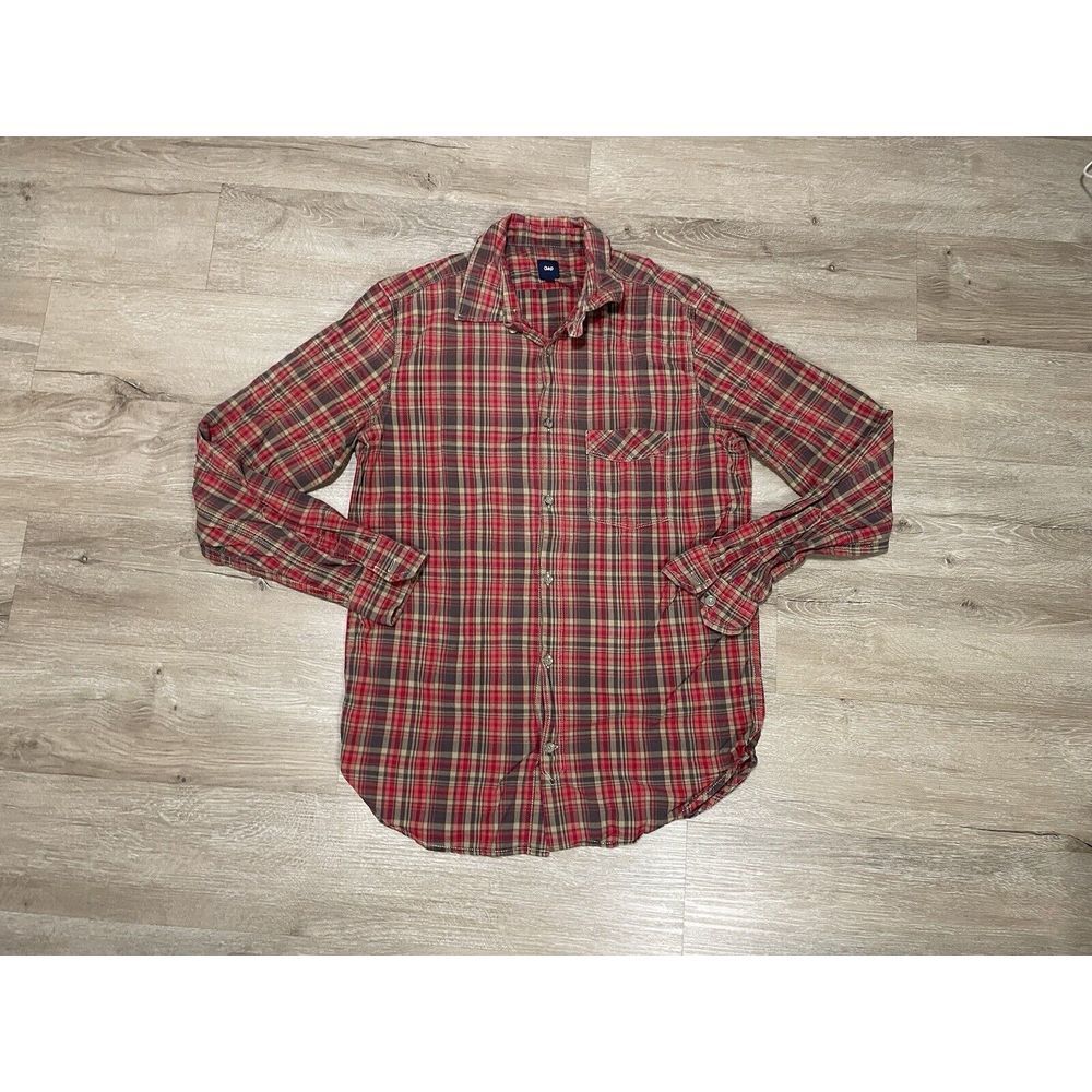 Gap Shirt Men's Sz M Medium Red Brown Plaid Classic Fit‎ Button Up Long Sleeve